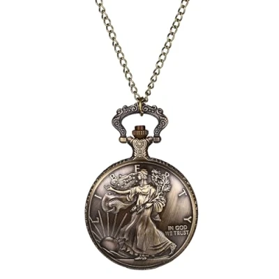 Imagen de JewelryWe Reloj Bolsillo Analógico Cuarzo: de Vintage Unisex Estatua la Libertad Esfera con Números Arábigos Cadena Jumper Acero Inoxidable para Coleccionar Nostalgia Regalos