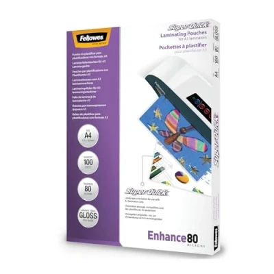 Imagen de Fellowes Fundas de Plastificar A4 SuperQuick, acabado brillo, 100 hojas, 160 micras (2 x 80 micras), calidad, adecuadas para avisos, fotos, certificados, menús y señalización externa