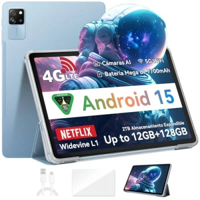 Imagen de Blackview Android 15 Tablet 10 Pulgadas 12GB RAM &amp; 128GB ROM/2TB TF, Tab 60 Pro 4G LTE 5G Wi Fi, Widevine L1, Dual AI Cámara, Octa Core, Face ID, 7700mAh Batería/GPS/WPS Suite PC