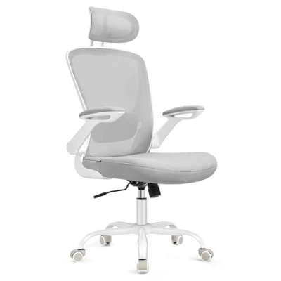Imagen de SONGMICS Silla de Oficina, Escritorio Malla, Giratoria Ergonómica, Soporte Lumbar, Oscilante, Asiento 53 cm, Apoyabrazos Abatibles, Reposacabezas, Gris Paloma OBN047G01