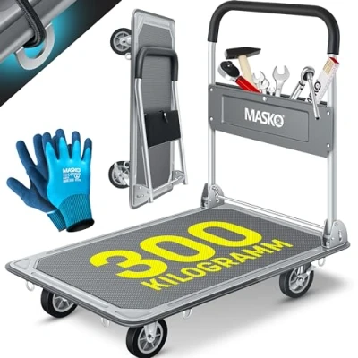 Imagen de MASKO® Carro de plataforma, almacenamiento, Incl. Guantes trabajo, Freno bloqueo, Con 6 argollas seguridad, Ruedas giratorias 360, Plegable, Capacidad carga 300kg / Gris