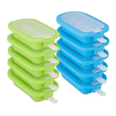 Imagen de Relaxdays Juego Set 10 Moldes para Helados, Silicona, Recipientes Congelar Polos, sin BPA, Tapa y Palito, Verde Azul, 2,5 x 6,5 14 cm
