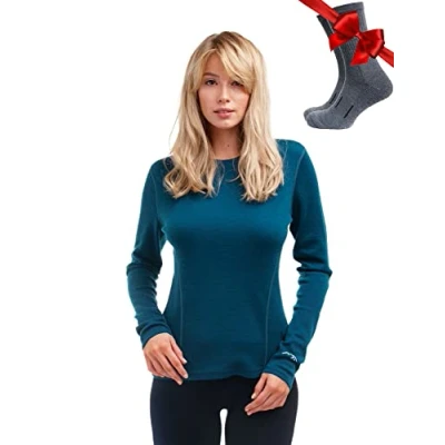 Imagen de Merino.tech Camiseta Lana Merino Mujer, Base Layer + Calcetines (X Small, 250 Deep Teal)