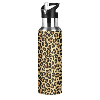 Imagen de JUMBEAR Botella de agua con estampado leopardo, acero inoxidable, aislamiento agua, boca ancha tapa paja, para gimnasio y deportes al aire libre, 22 onzas