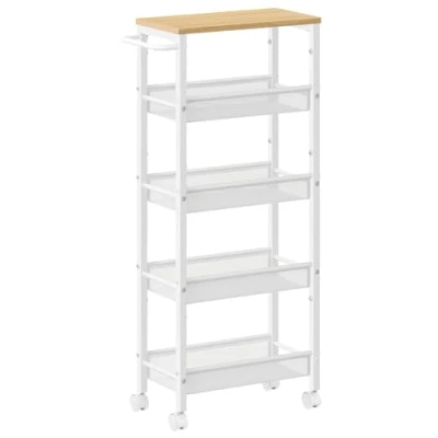 Imagen de VASAGLE Carro de 5 Niveles, Estrecho Cocina con Ruedas, Asa, para Espacio Reducido, 22 x 45,4 99,6 cm, Cocina, Baño, Salón, Estudio, Beige Roble y Blanco LRC035W09