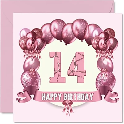 Imagen de Divertidas tarjetas de cumpleaños 14 para niñas, globos cumpleaños, tarjeta feliz hijo, hija, hermano, hermana, nieto, nieta, sobrina, sobrino, primo, felicitación,