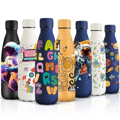Imagen de HoneyHolly Botella Agua Acero Inoxidable, Sin BPA 500ML, Niños, Inoxidable 18/8, Termica, A Prueba de Fugas Reutilizable, Termo para Camping, Gimnasio, Escuela, Deportes.