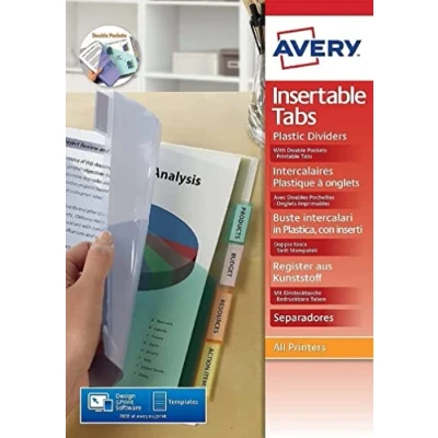 Imagen de AVERY Doble bolsillos intercalares con pestañas personalizables e imprimibles, 8 teclas, tamaño A4+ (permite clasificar bolsas perforadas), de polipropileno colorido translúcido