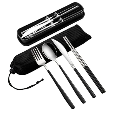 Imagen de VANRA Juego de cubiertos acero inoxidable para adultos 4 piezas con estuche utensilios reutilizables tenedor, cuchara, cuchillo, palillos el almuerzo(negro plata)