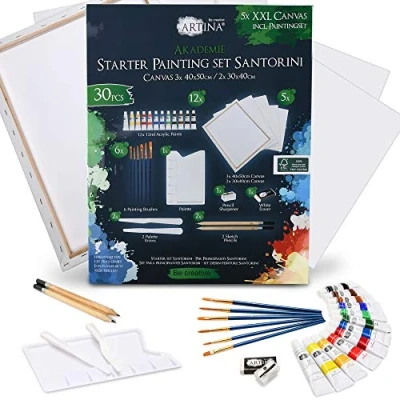 Imagen de Artina Juego de pintura acrílica y lienzos 30 piezas Santorini Set con accesorios 12x12ml tubos acrílica, 5x lienzos, pincel, cuchillo pintar kit dibujo