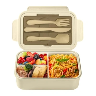 Imagen de Diboniur fiambrera de 1400 ml, con cubiertos, para niño o adulto, 3 compartimentos, recipiente hermético microondas, oficina, trabajo, picnic (caqui)