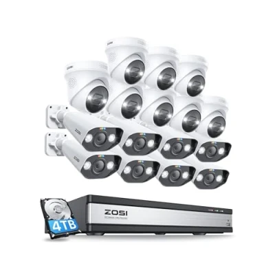 Imagen de ZOSI 4K CCTV Kit de Videovigilancia PoE 16pcs Cámaras Seguridad Exterior con 16CH 8MP H.265+ Grabador NVR, Visión Nocturna en Color, Alarma Luz y Sirena, Audio, 4TB HDD Incluido