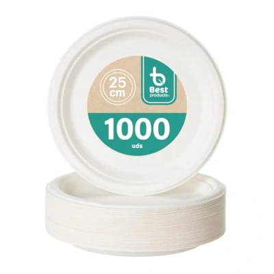 Imagen de BEST PRODUCTS 1000 Platos Caña de Azúcar Desechables Ecológicos Biodegradables Compostables y Reciclables Para Fiestas Cumpleaños Comuniones Redondos Llanos Ø 25 cm