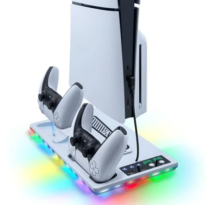 Imagen de Wigearss Soporte Vertical para PS5/PS5 Slim/PS5 Pro con Ventiladores de Refrigeración, Multifuncional Luz RGB, Cargador Controladores y Puerto Type C &amp; USB