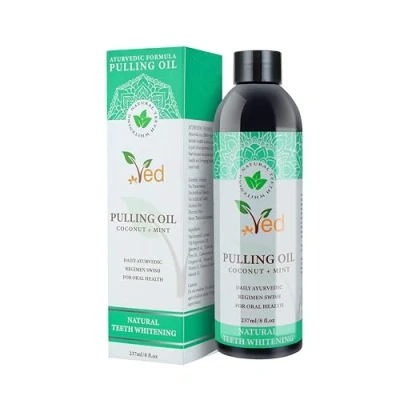 Imagen de Ved Enjuague bucal con aceite de coco raspador lengua, natural y extracto menta para blanquear los dientes, aliento fresco, dientes encías más sanos, sin alcohol, 237 ml.