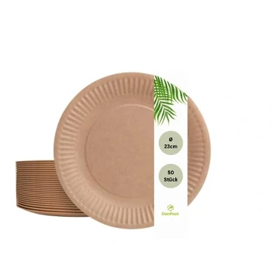 Imagen de DeinPack platos desechables de 23 cm diámetro, 50 unidades, papel marrón, redondos, reciclables, para fiestas cumpleaños y fiestas, ecológicos, biodegradables