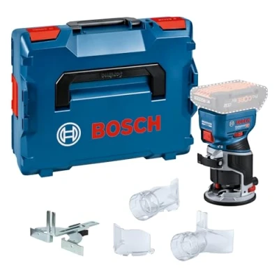 Imagen de Bosch Professional 18V System fresadora corte batería GFK 8, incl guía paralela, 2 adaptadores aspirador fresado, protección virutas, pinza sujeción 8 mm, L BOXX, sin batería/cargador