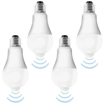 Imagen de Pack de 4 bombillas LED E27 con sensor movimiento: Bombilla PIR lámpara 15W blanco frío 6500K luz ahorro energía para pasillo, garaje, escaleras, balcón