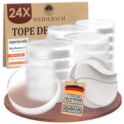 Imagen de Weidebach 24 topes discretos para puerta transparentes, pared, autoadhesivos, 20 x 5 mm, baño, superficies de cristal, paredes, goma, puntos adhesivos