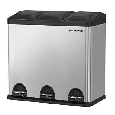 Imagen de SONGMICS Cubo de Reciclaje 54L, Basura, Pedal Acero con 3 Secciones, Cubos Internos, 6 Etiquetas Clasificación, para una Fácil Separación los Residuos, Plata y Negro LTB54L