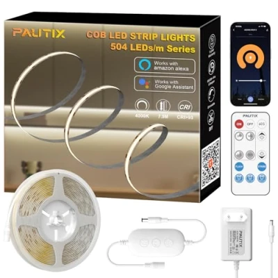 Imagen de PAUTIX Tira LED COB Blanco Natural 4000K 7,5m,504LEDs/M 24V Regulable Flexible con Remoto RF/APP Inteligente/Alexa Control y Fuente de Alimentación,Brillo CRI90+ para Decoración del Hogar
