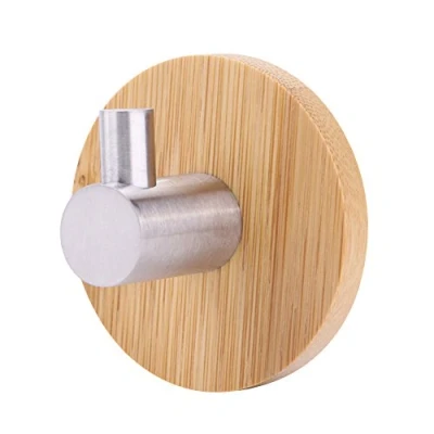 Imagen de Aigid Perchero de pared ganchos para toallas adhesivas, base bambú madera, acero inoxidable, percha cuarto baño, cocina, dormitorio (Single Hook)