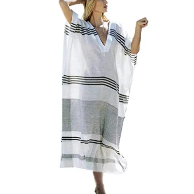 Imagen de YouKD Verano Algodón Suelto Cuello En V Caftán Vestido Boho Beach Bikini Cover Up Bata de Talla Grande para Mujer