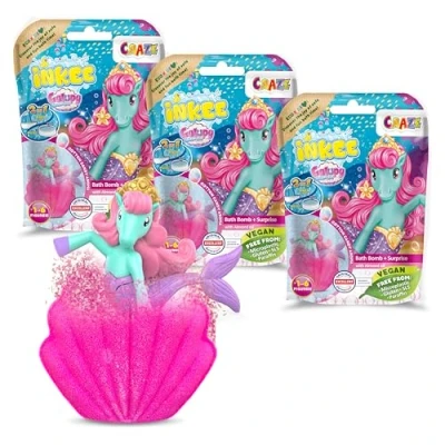 Imagen de INKEE Pack de 3 Bombas baño para niños con figura Sorpresa Galupy Mermaid, aroma a algodón azúcar, Color rosa o verde, 100g