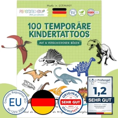 Imagen de 100 tatuajes para pegar infantiles dinosaurios diseños niños como regalo de cumpleaños o idea Vegano.