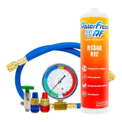 Imagen de Gas Refrigerante Organico para Aire Acondicionado Coche Ralerfresh RF equivalente a 1000gr sustituto de los gases R134a y R12 (Botella + Manometro con manguera 2 Conectores)