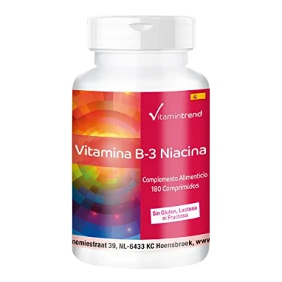 Imagen de niacina 100mg 180 comprimidos para 6 MESES altas dosis de vitaminas B3 veganas sin estearato magnesio Importante el metabolismo energético Vitamintrend®