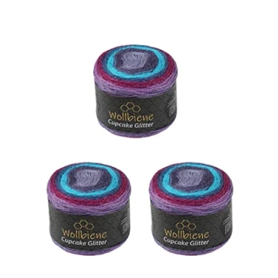 Imagen de Cupcake Glitter Simli 3 ovillos de 150 g lana para tejer, 450 g, tejer y hacer ganchillo, turca, degradada con purpurina (3210 lila, morado turquesa)