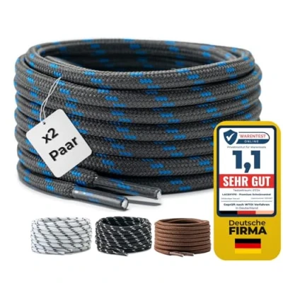 Imagen de LaceHype 2 pares de cordones redondos poliéster para zapatos trabajo, botas, exterior y zapatillas deportivas, resistentes al desgarro, Gris oscuro/azul, 200 cm Paar