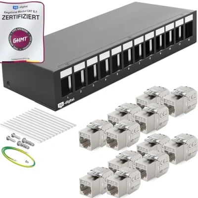 Imagen de HB DIGITAL Panel de conexión red 12 puertos, 1 HE + módulos Keystone CAT 8 hembra RJ45 para montaje en pared, compatible con cable instalación 5e 6 6a 7 Ethernet LAN