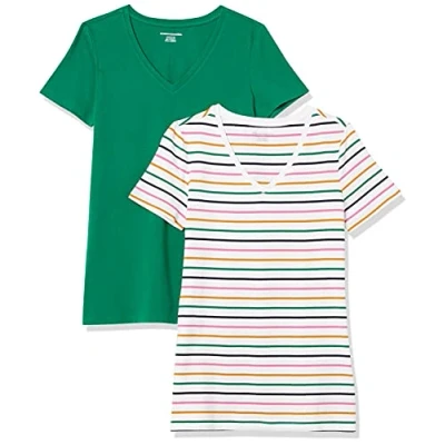 Imagen de Amazon Essentials Camiseta de Cuello en v Manga Corta y Ajuste Clásico Mujer, Pack 2, Blanco Rayas/Verde Oscuro, S