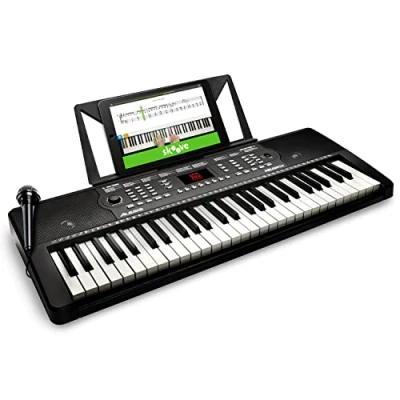 Imagen de Alesis Melody 54 Piano eléctrico portátil con teclado de teclas, altavoces integrados, micrófono y atril, 300 sonidos ritmos, 40 canciones demo, características educativas