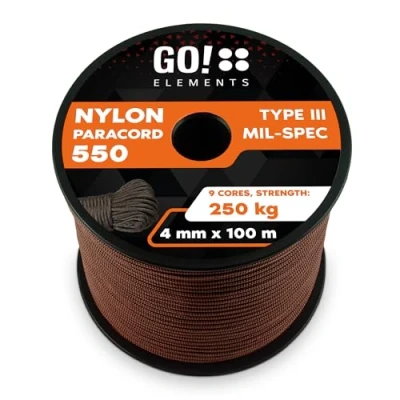 Imagen de GO!elements 100m Paracord de Nylon a Prueba desgarros 4mm 550 Typo III Cuerda Adecuado como Yute &amp; Gruesa MAX. 250kg, Color: Marrón