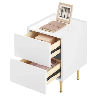 Imagen de WOLTU Mesita de Noche con 2 Cajones, Tablero Alto Brillo, Mesa Auxiliar Moderna 40x35x51cm, para Dormitorio Sofá Salón, Fácil Montaje, Madera+Cuero PVC+Metal, Blanco+Dorado, NTS10ws03