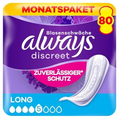 Imagen de Always Discreet compresas largas para incontinencia, 80 (4 x 20 unidades) paquete mensual, protección discreta y alta absorción, neutralizan los olores (el embalaje puede variar)