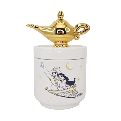 Imagen de Disney Half Moon Bay Caja de coleccionista Aladdin Lámpara Genie baratijas con tapa para regalos el hogar, blanco, 14 cm
