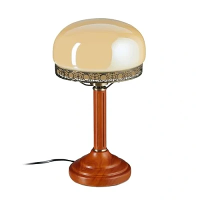 Imagen de Relaxdays Lámpara Mesa Antigua, Redonda, Base Madera, Estilo Banquero, Look Latón, Retro, Luz Salón o Sobremesa, Beige E27