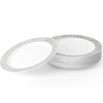 Imagen de MATANA 20 Platos de Postre Blanco Plástico con Borde Plateado, 19cm Elegantes, Resistentes y Reutilizables Bodas, Cumpleaños, Bautizos, Barbacoas, Navidad, Fiestas