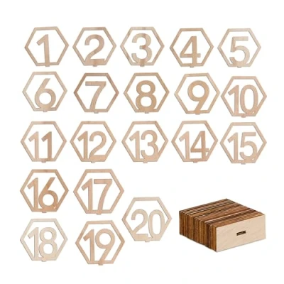 Imagen de Relaxdays Números Mesa Bodas, Etiquetas Numeradas 1 20 Eventos, Carteles Hexagonales, 10x11x2,5cm, Madera, Natural