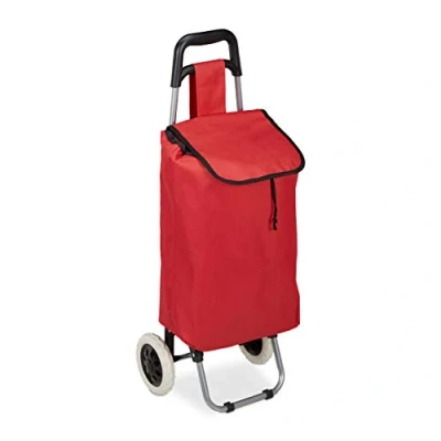 Imagen de Relaxdays Carrito Compra Plegable 28 L, Carro Ruedas Anchas, Bolsa Extraíble, PP Poliéster, 92,5 x 42 cm, Rojo