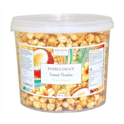 Imagen de Everly Grace Popcorn Coconut Paradise, 600 g Cubo de palomitas con notas tropicales coco nuestra fábrica en Augsburgo, Alemania