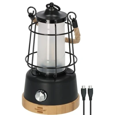 Imagen de Brennenstuhl linterna camping recargable/lámpara de CAL 1 AC con cuerda cáñamo y base bambú (350lm, IP44, hasta 75h iluminación, luz regulable, power bank) USB C