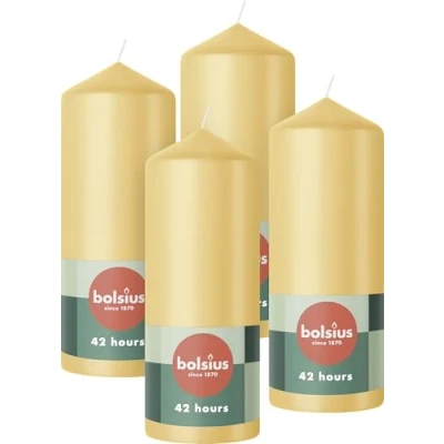 Imagen de Bolsius velas de pilar beige Paquete 4 decorativas para el hogar 15 x 6 cm larga duración combustión 42 horas sin perfume aceite palma
