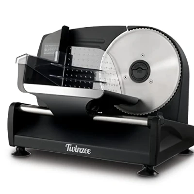 Imagen de Twinzee Cortafiambres Electrico Grosor Ajustable de 0 a 15mm 2 Cuchillas incluidas Cortador Fiambre, Pan, Corte Jamon, Verduras, Carne, Queso, Embutido