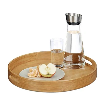 Imagen de Relaxdays Bandeja Camarero Redonda con Asas y Reborde, DM Bambú, Marrón, 5 x 38,5 cm, Caucho, 38.5 cm