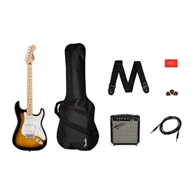 Imagen de Squier by Fender Paquete de guitarra eléctrica Stratocaster Sonic, diapasón arce en 2 colores Sunburst, bolsa concierto, amplificador Frontman 10 W, púas, correa, cable,